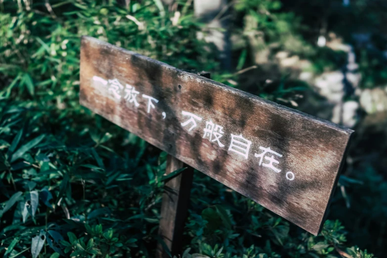 a sign with chinese words on it on a path