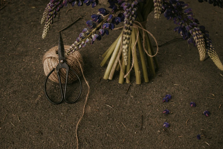 a bundle of twine and several purple flowers