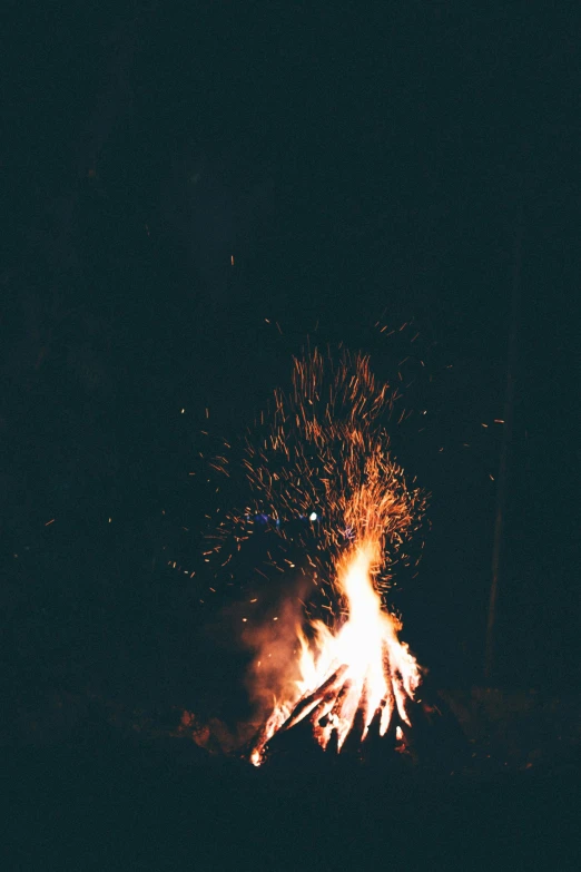 a bonfire is lit in the dark while people sit around it