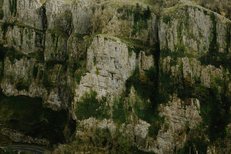 an aerial view of a rocky cliff with lots of trees