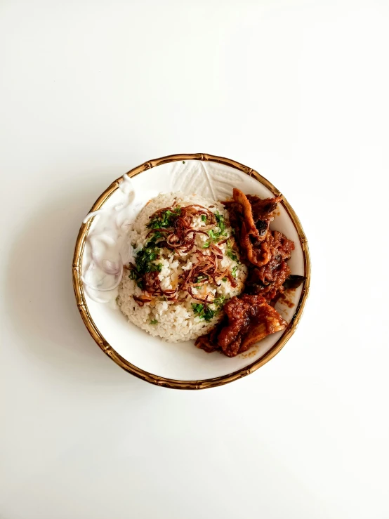 a bowl with rice and meat and garnish on it