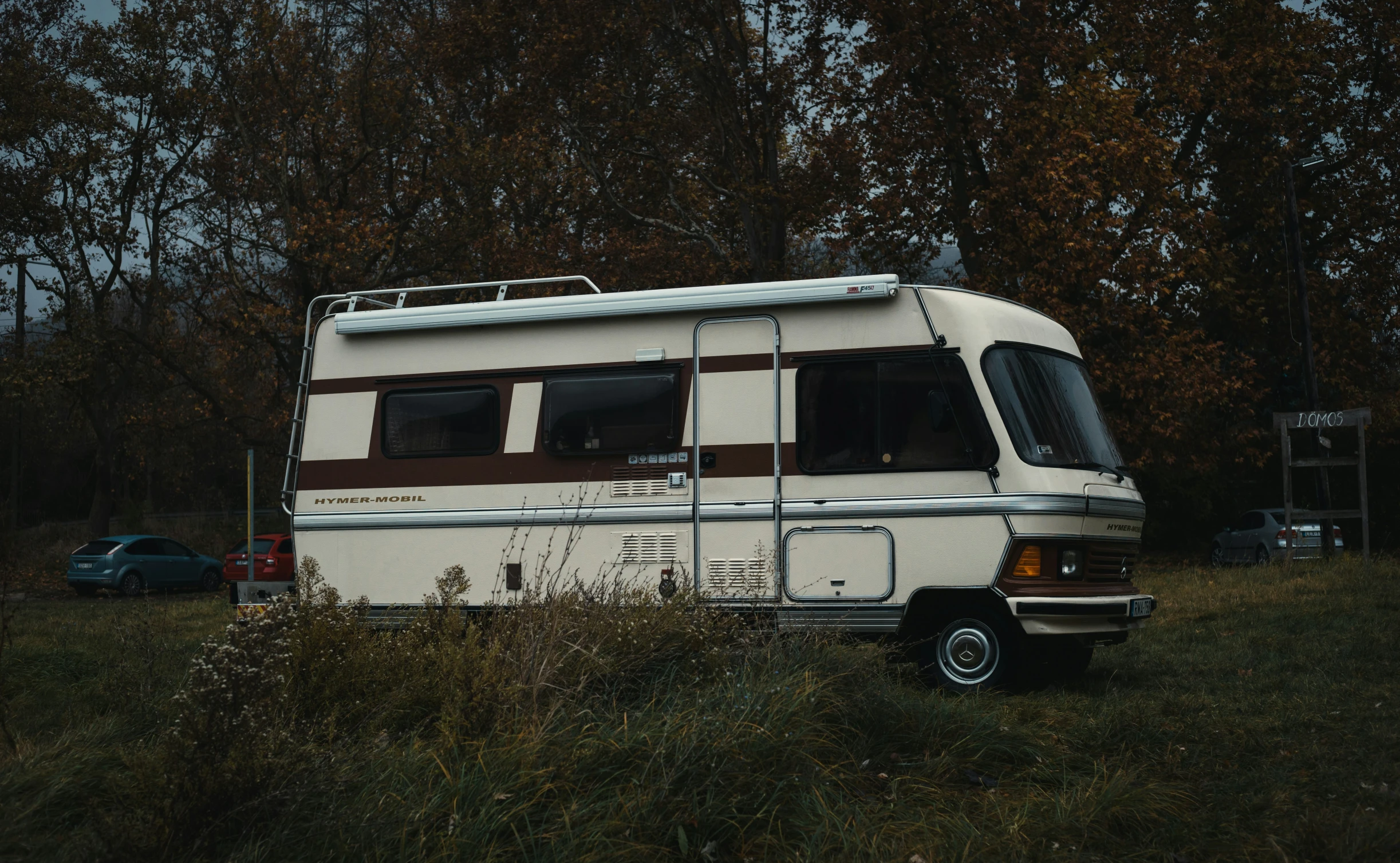 a white bus parked next to a tree covered forest