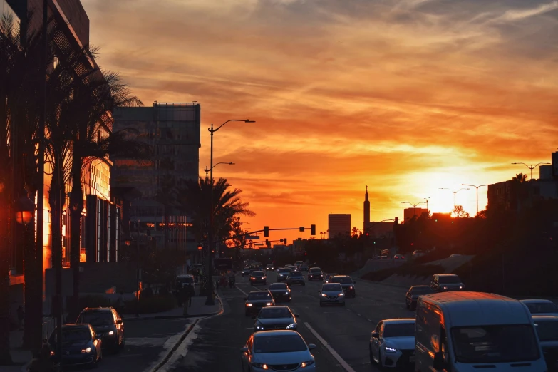 a street lined with cars and buildings during sunset