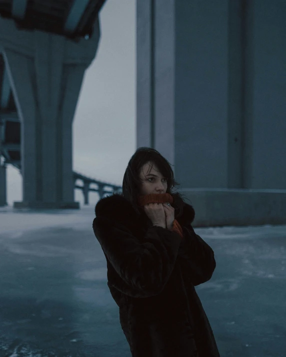 a woman in a black coat is outside