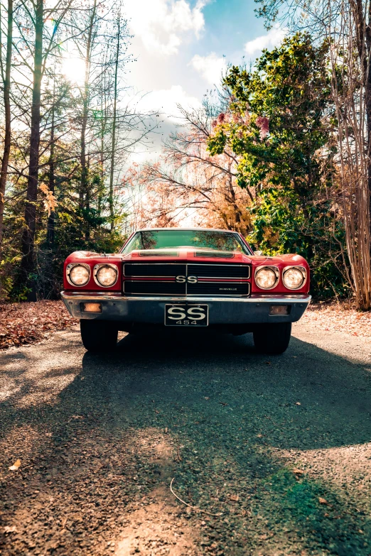 a car parked in the middle of a gravel road