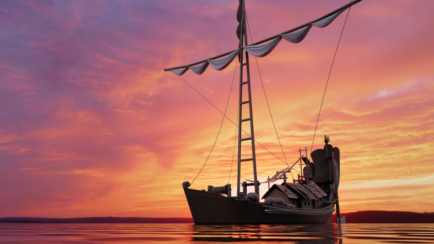 a boat in the water at sunset with sails down