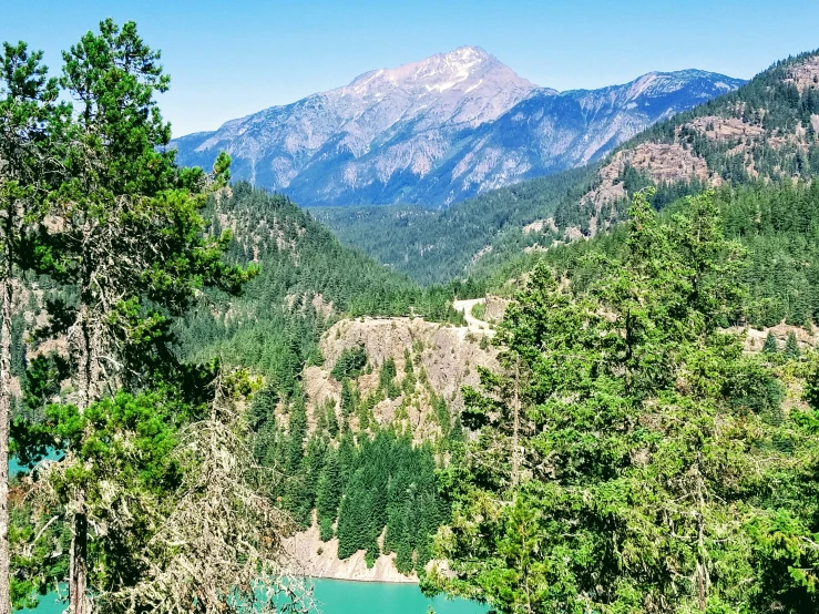 there is a river and trees in the foreground with mountains in the background