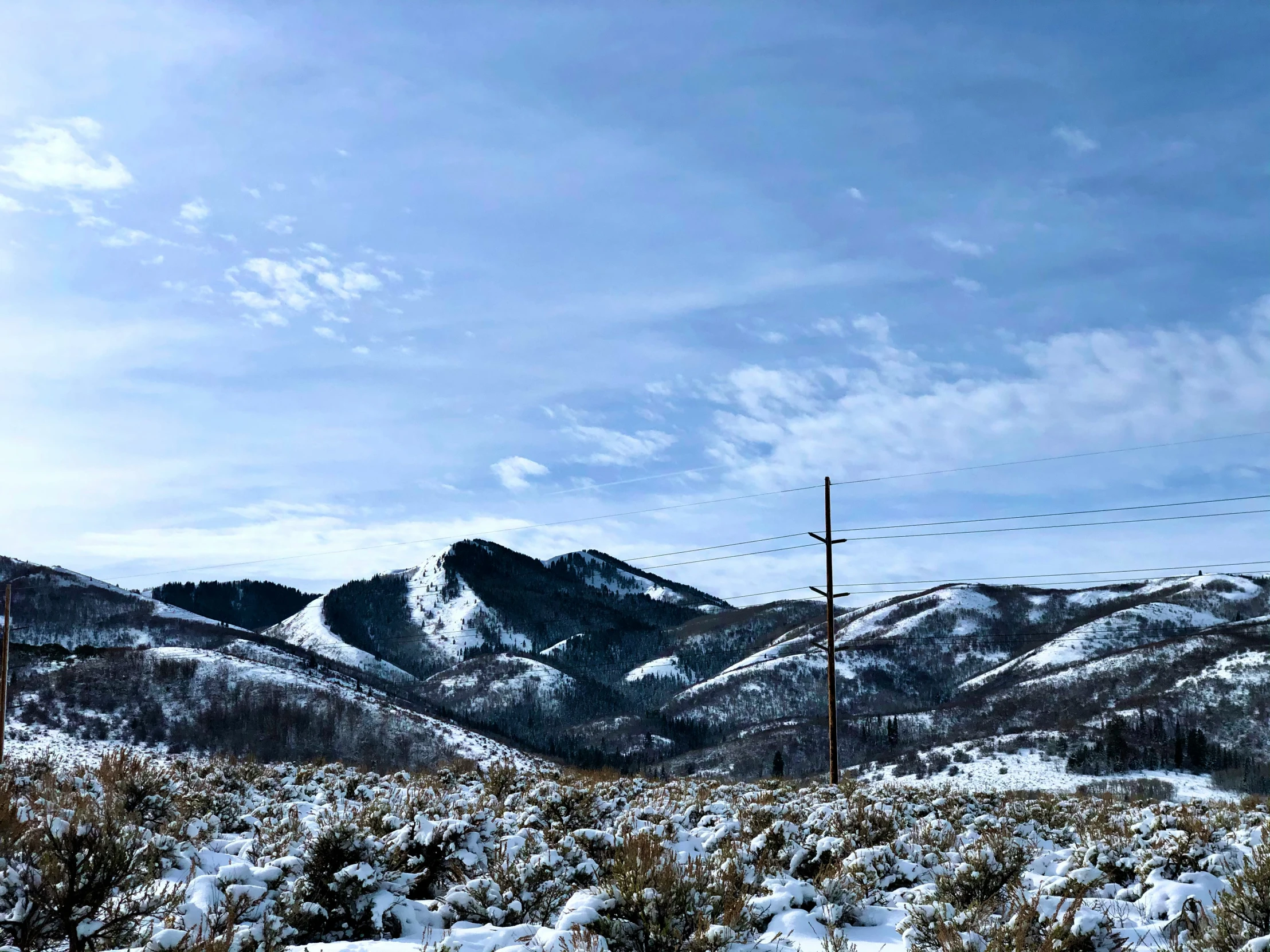 snow - covered hills and telephone poles in the distance