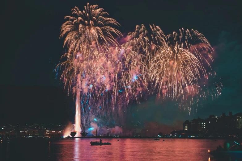 a big group of fireworks is lit up the night sky over water