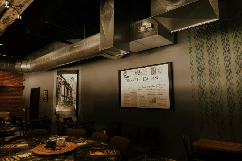 the large sign in the dining room of a restaurant