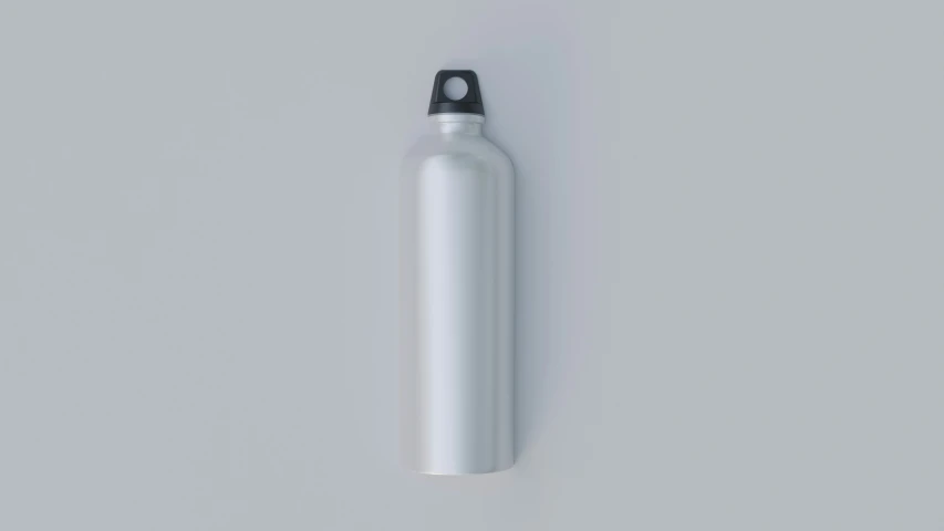 an empty silver bottle with black top on a plain background