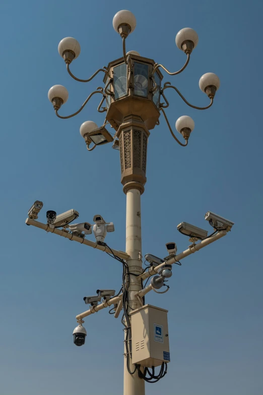 a lot of surveillance cameras that are mounted to a pillar