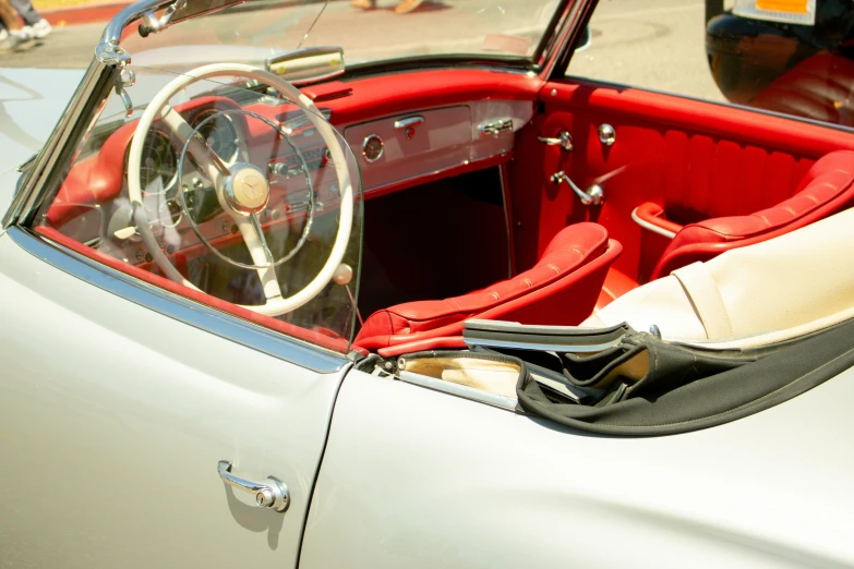 a steering wheel in a car with the dashboard up