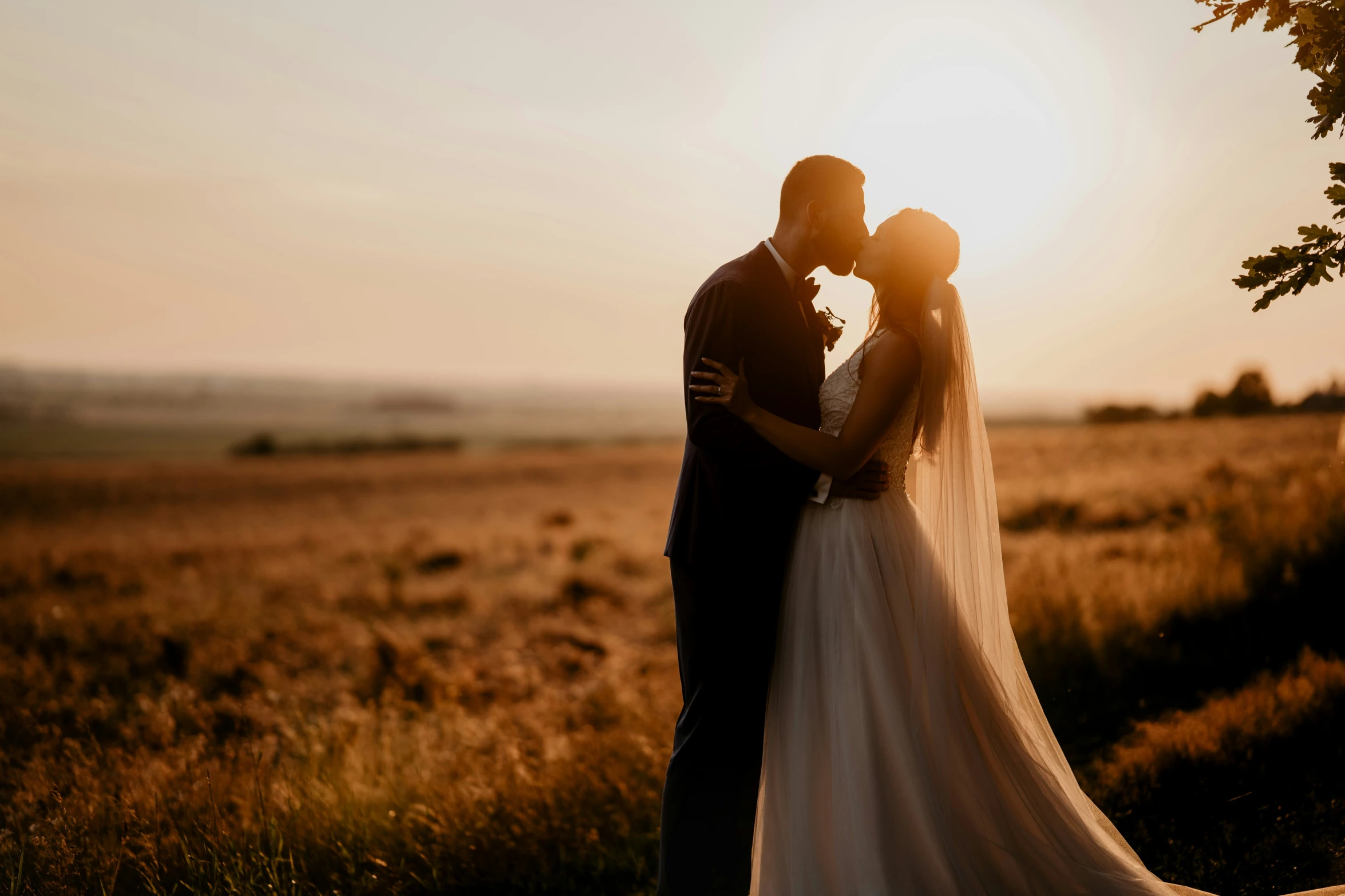 a newly married couple kissing in front of an orange sunset