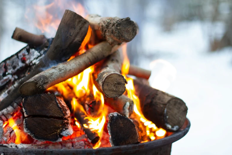 a fire pit with logs and some snow