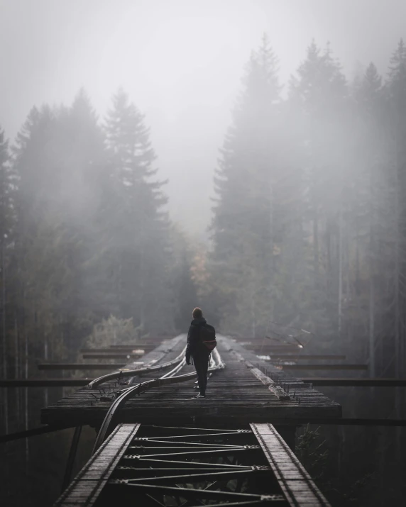 a person that is walking across a bridge