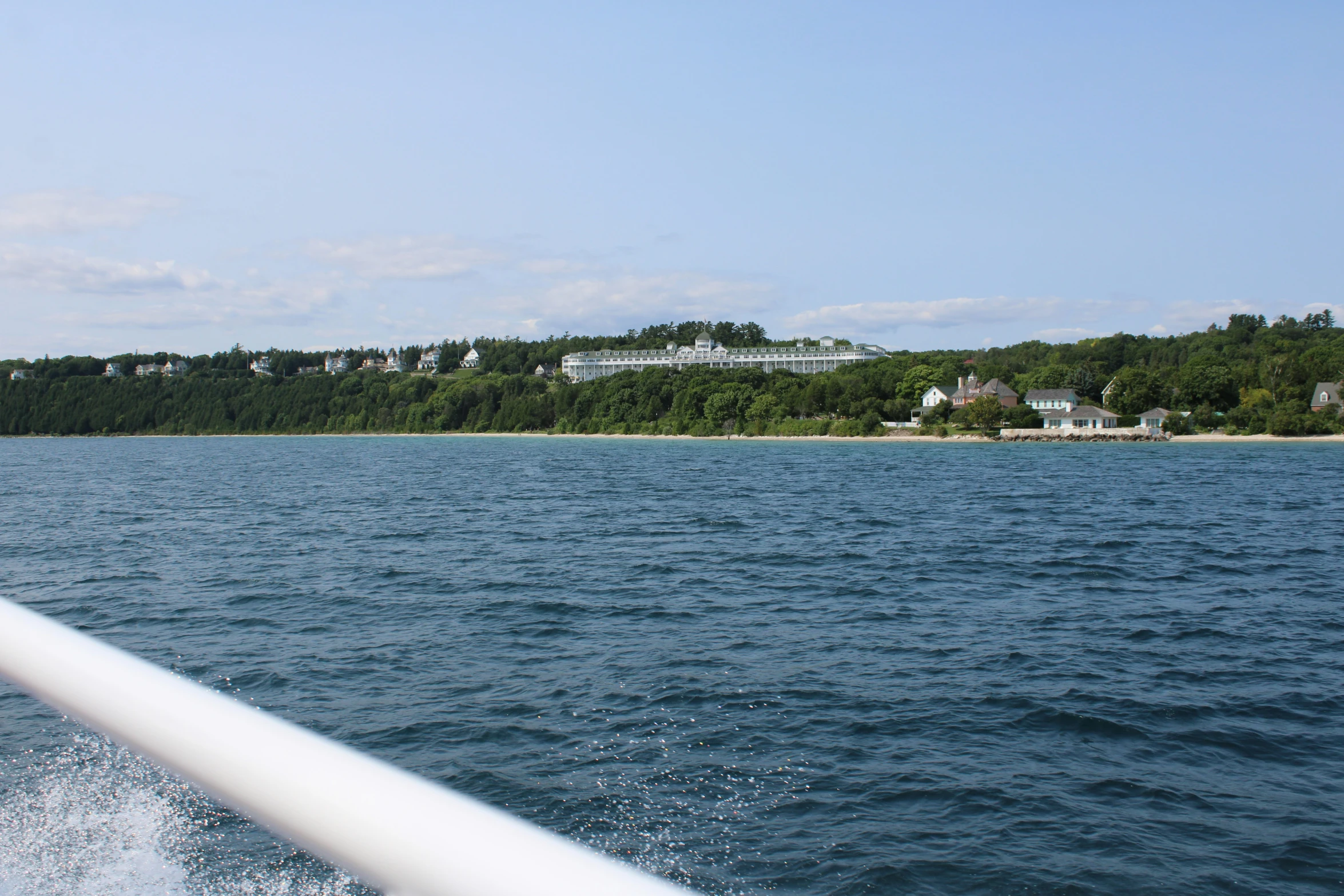 the water from a boat with houses on it