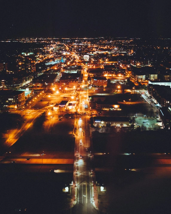 an aerial view of a cityscape at night