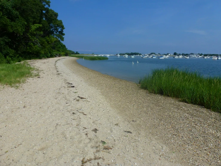 a gravel road beside a river has boats on it