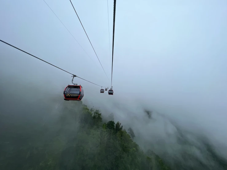 the ski lift is overtaken by heavy fog