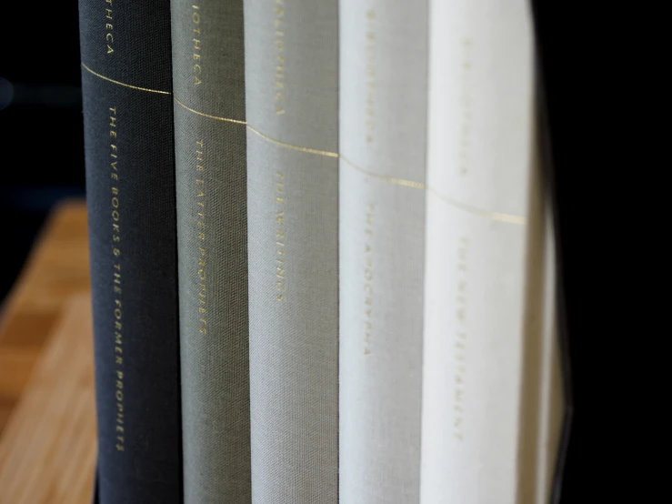 four books on a table in front of a wooden desk