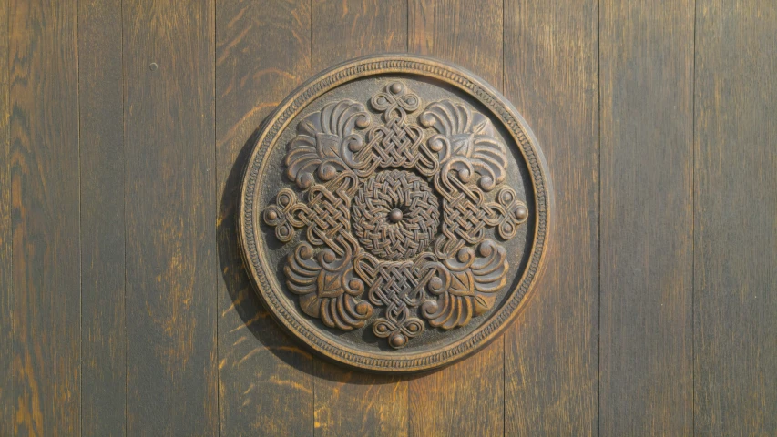 an oval metal on on a wood door