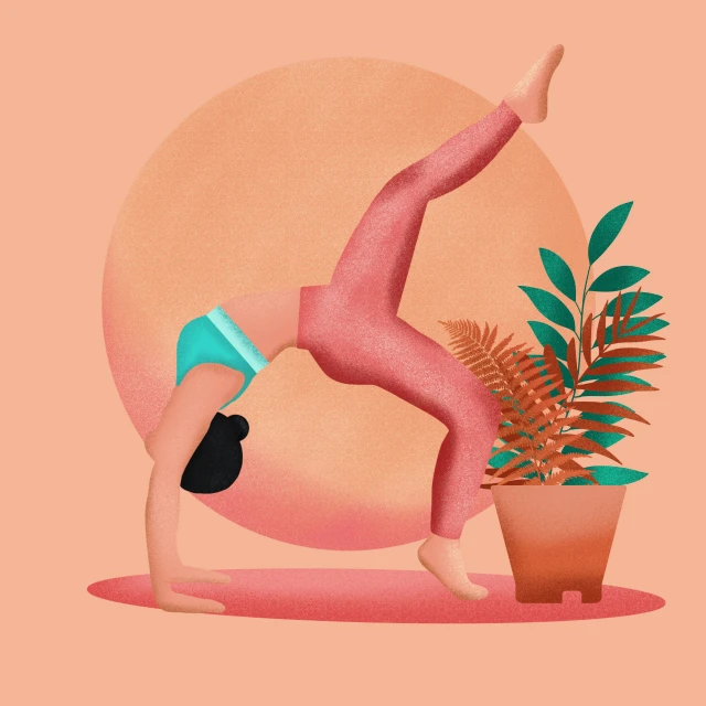 a woman in pink tights doing a wheel pose by a plant