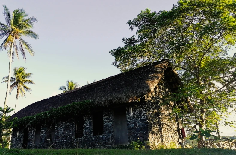 an old stone building with some ivy on the roof and windows