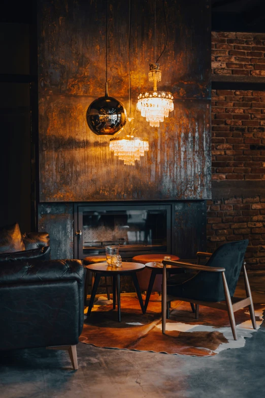 a living room with leather furniture and decor