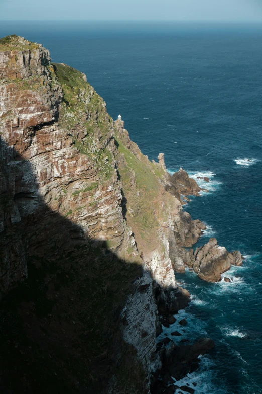 a sea cliff overlooking the ocean on a sunny day