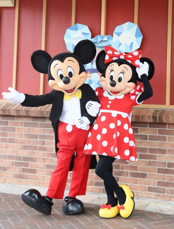 two characters wearing mickey and minnie mouse costumes posing for the camera