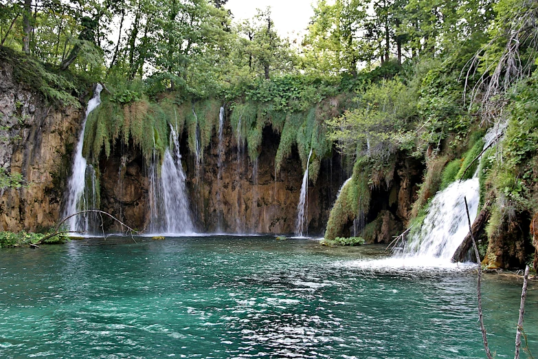 the waterfall near the trees is covered with water