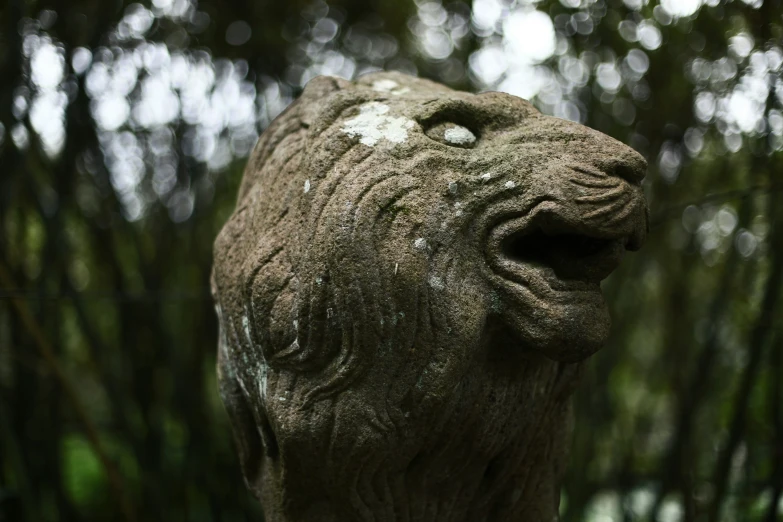 a statue of a lion with a white eye