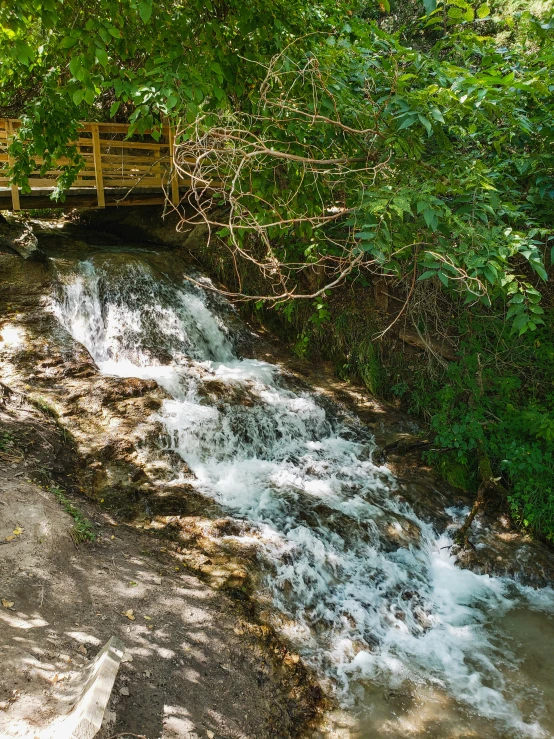 a small waterfall with a bridge above it surrounded by lush trees