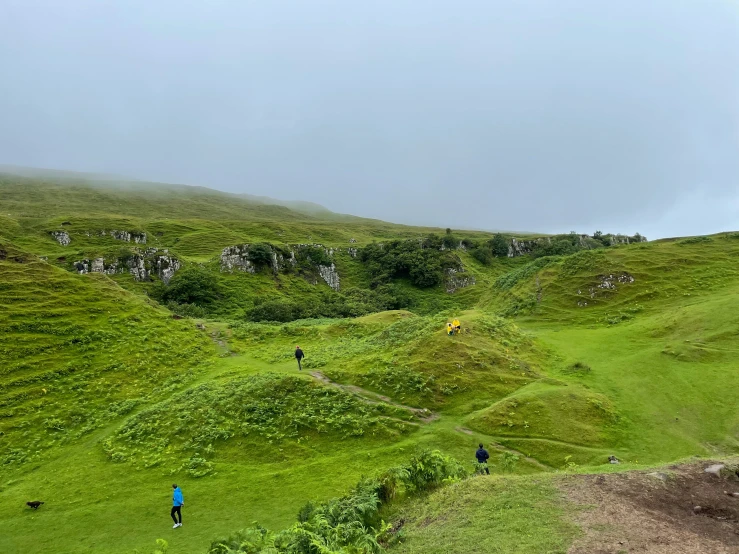 a grassy hillside covered in people hiking