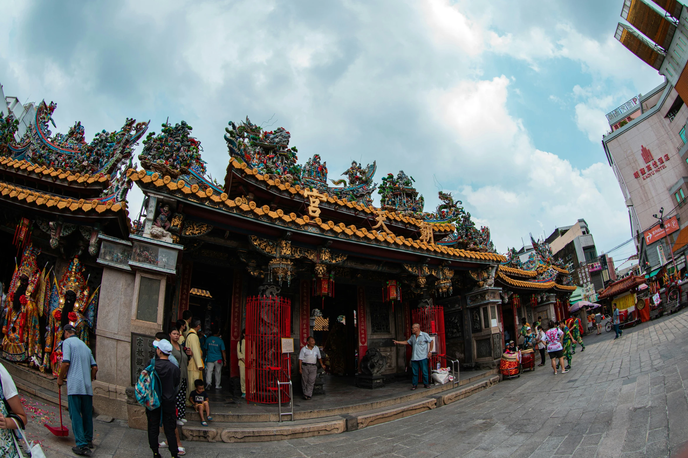 the shops have oriental decorations around them