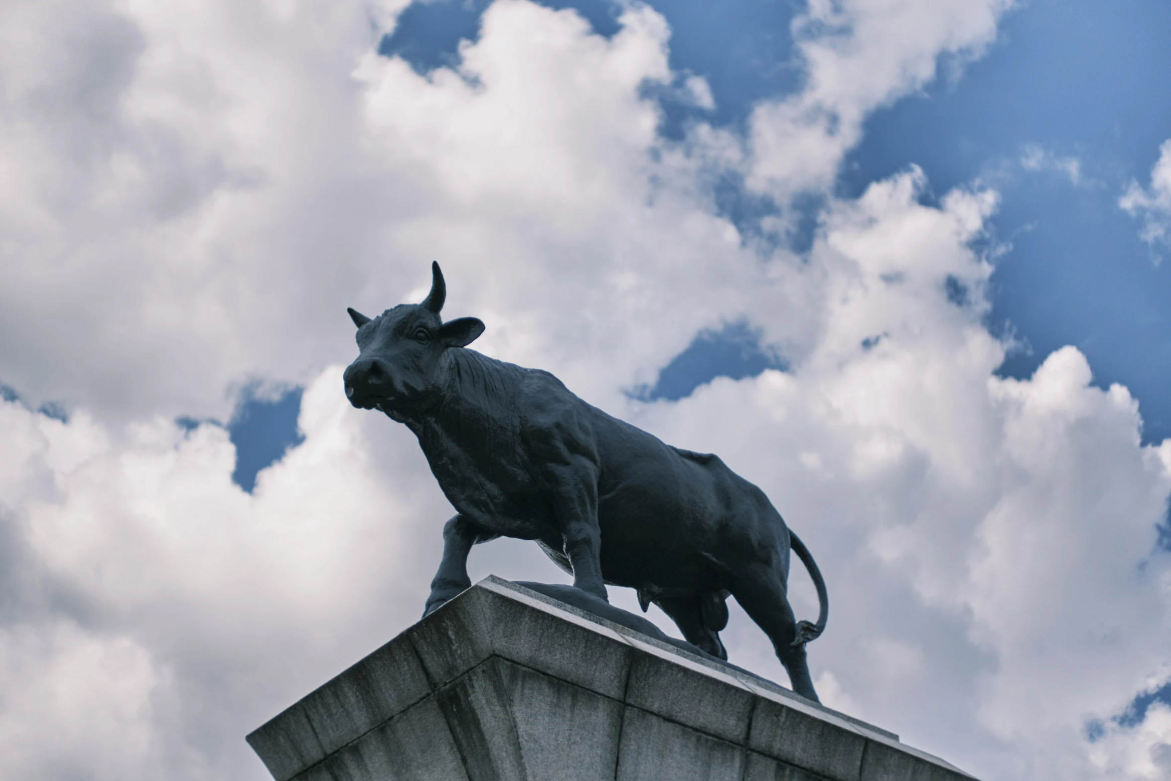 the statue of a bull stands on top of the building