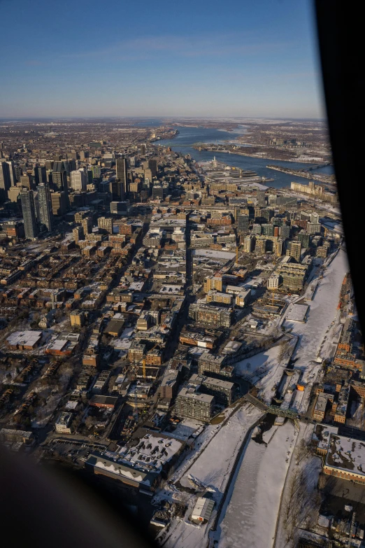 the view from an airplane looking down on some buildings