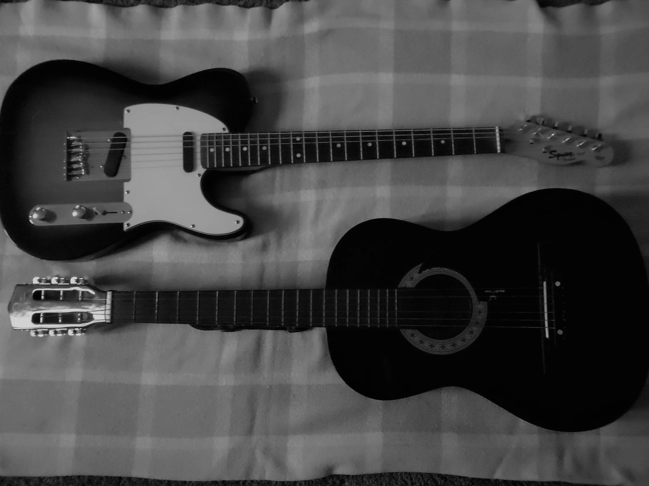 two black and white guitars one is an electric guitar the other is a mini - style electric