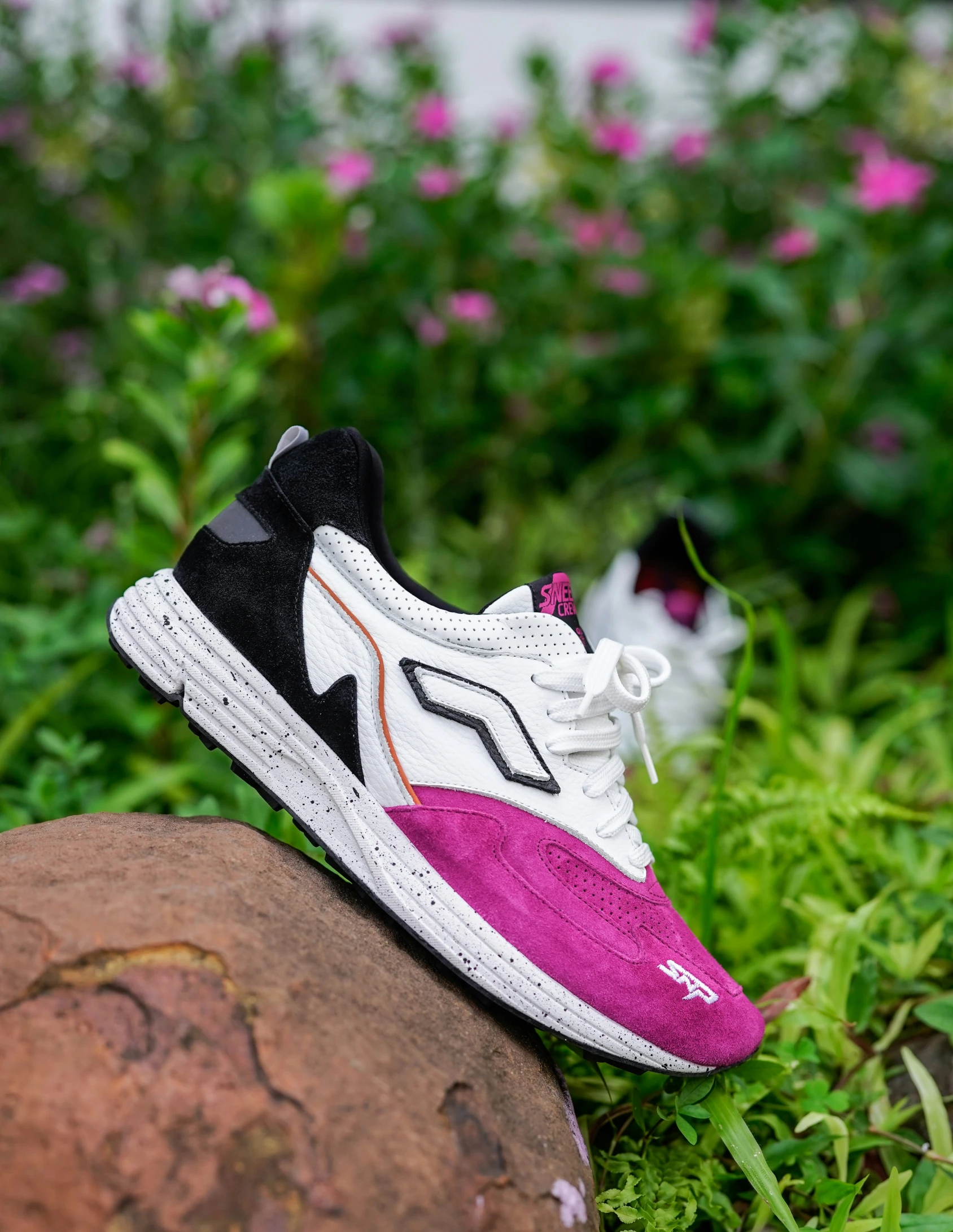 white and pink sneaker sitting on top of rock