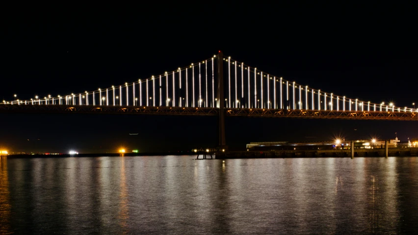 a long bridge is in the background lit by lights on it