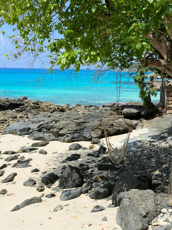 a rocky beach with clear water next to it