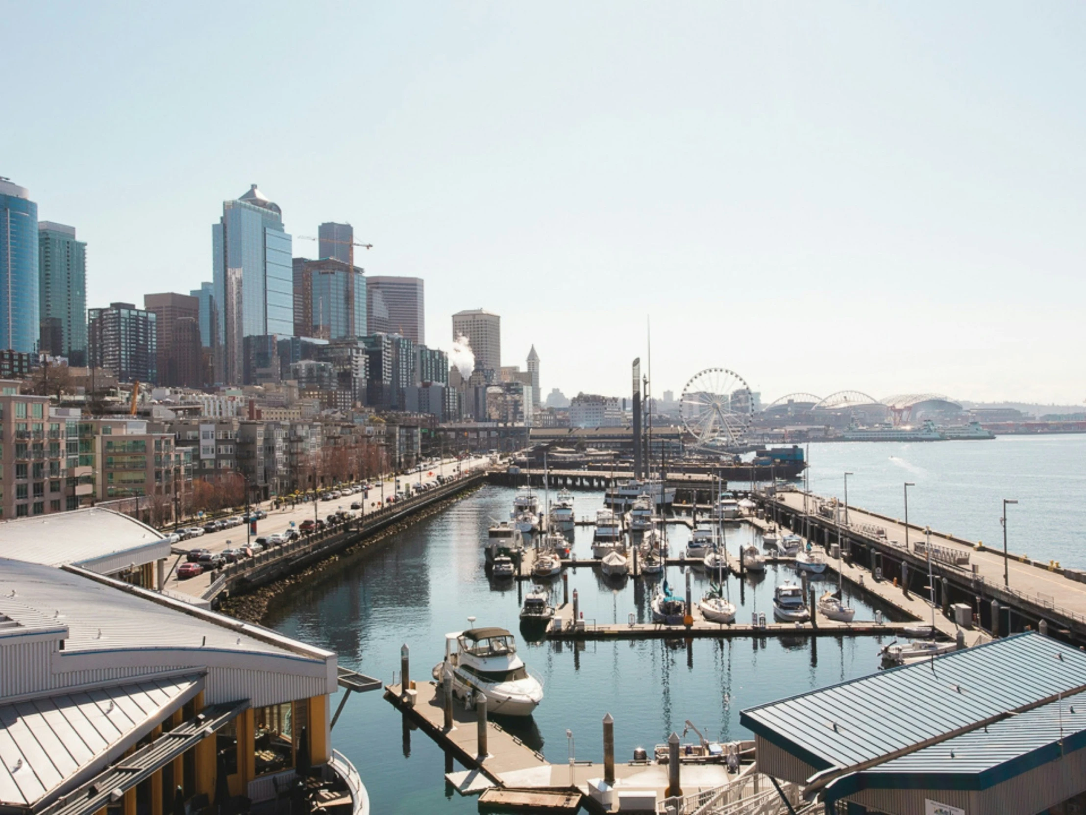 boats moored at a harbor in front of some tall buildings