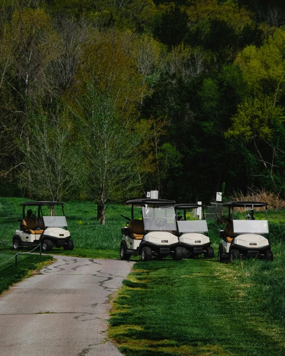 three golf carts parked on a path to the green