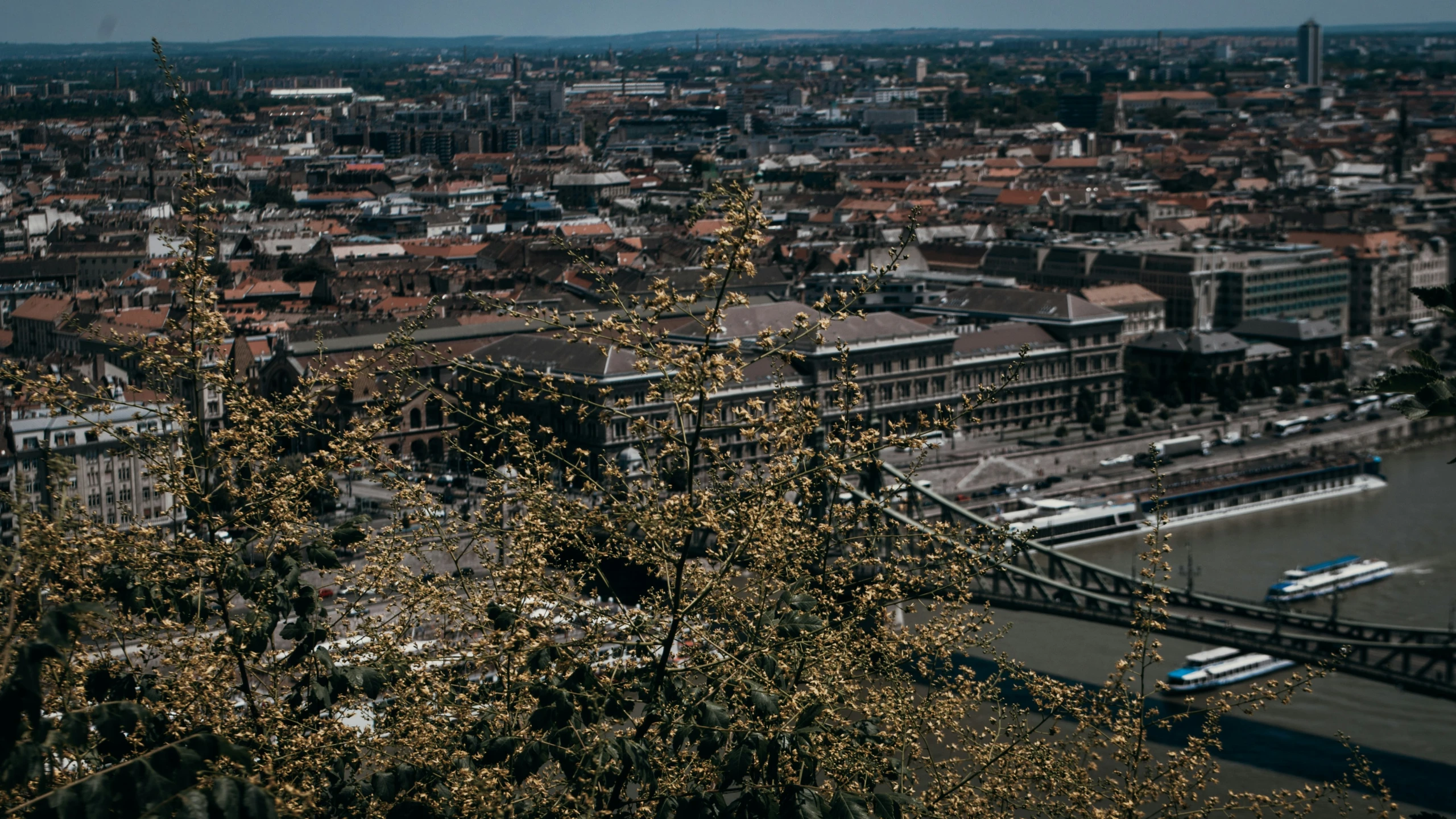 aerial view of city and bridges, with river and bridge in foreground