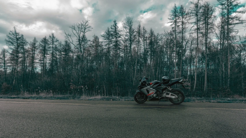 motorcycle parked along side the road surrounded by trees