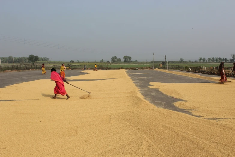 a woman hing a wagon through the grain yard