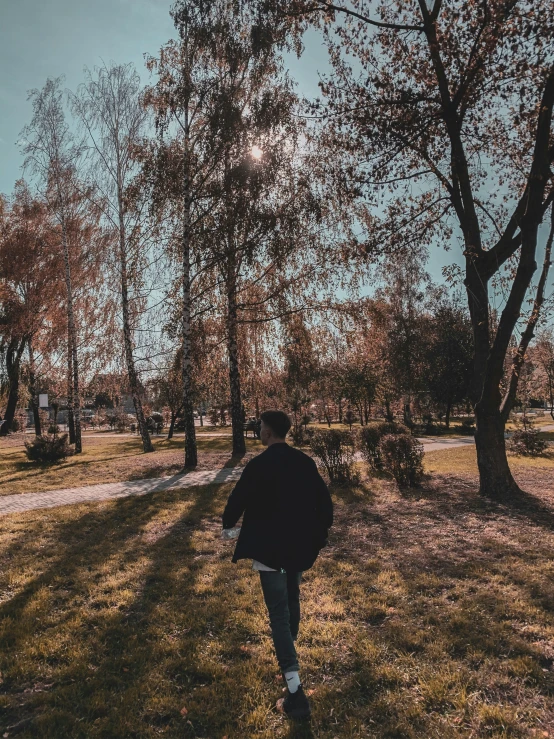 a man in a park has his back to the camera
