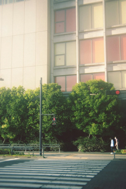 the intersection has a pedestrian walk and some traffic lights