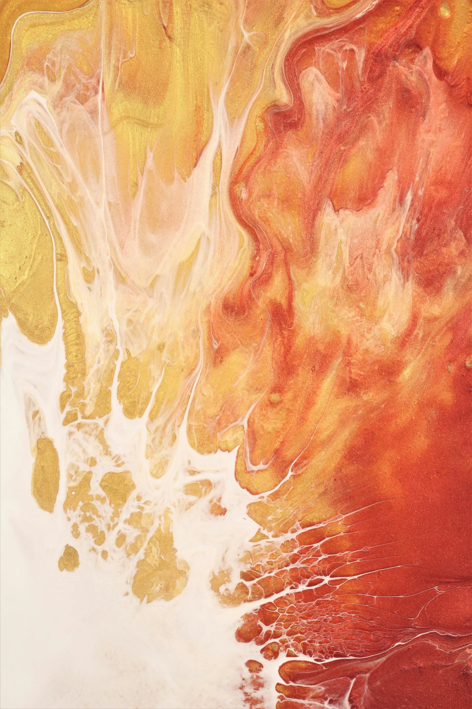 an abstract painting depicting orange, red and white colors